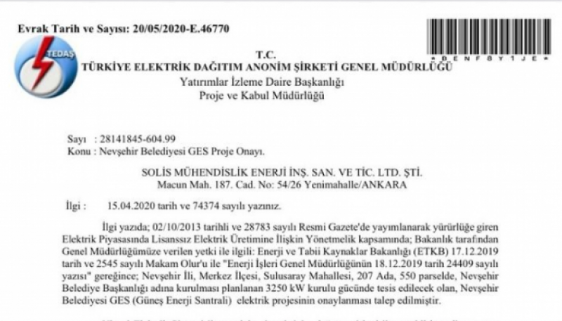  Nevşehir Güneş Enerjisi Santrali Projesi Onaylandı